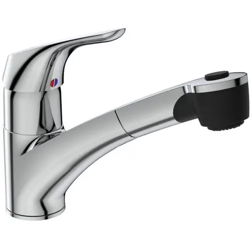 Küchenarmatur aus Chrom von Ideal Standard mit einem Hebel und einem herausziehbaren Auslauf, der für verschiedene Zwecke geeignet ist.